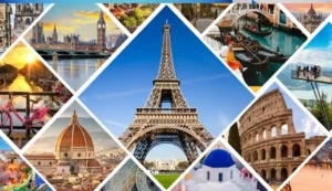 A collage of 12 cityscapes: one at sunrise, one at night with illuminated buildings and a bridge, one at sunset with a prominent skyscraper, and one at night with bright fireworks in the sky. Text reads, "12 Best Places to Visit in November for Couples 2025.