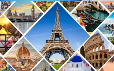 A collage of 12 cityscapes: one at sunrise, one at night with illuminated buildings and a bridge, one at sunset with a prominent skyscraper, and one at night with bright fireworks in the sky. Text reads, "12 Best Places to Visit in November for Couples 2025.