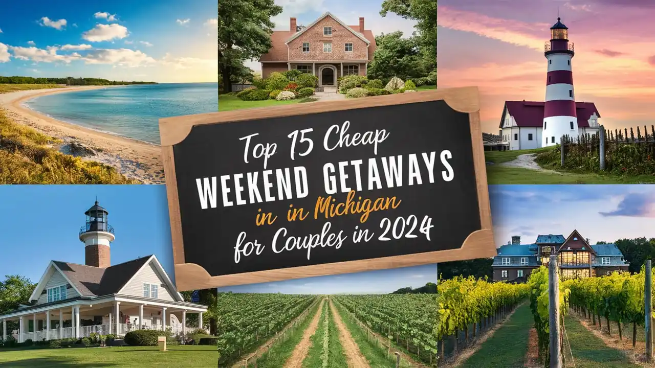A collage featuring scenic spots in Michigan, including a beach, a traditional house, a lighthouse by the sea, an expansive vineyard, and a cozy cottage. In the center, a chalkboard sign reads, "Top 15 Cheap Weekend Getaways in Michigan for Couples in 2024".