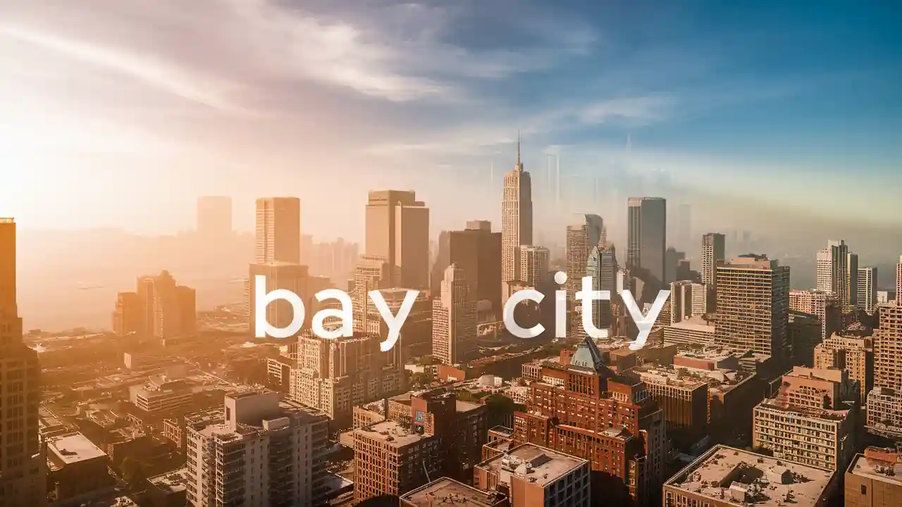 Top 15 Cheap Weekend Getaways in Michigan for Couples in 2025 21 A cityscape at sunrise showcasing various buildings, skyscrapers, and a clear blue sky with the words "bay city" written across the middle of the image.