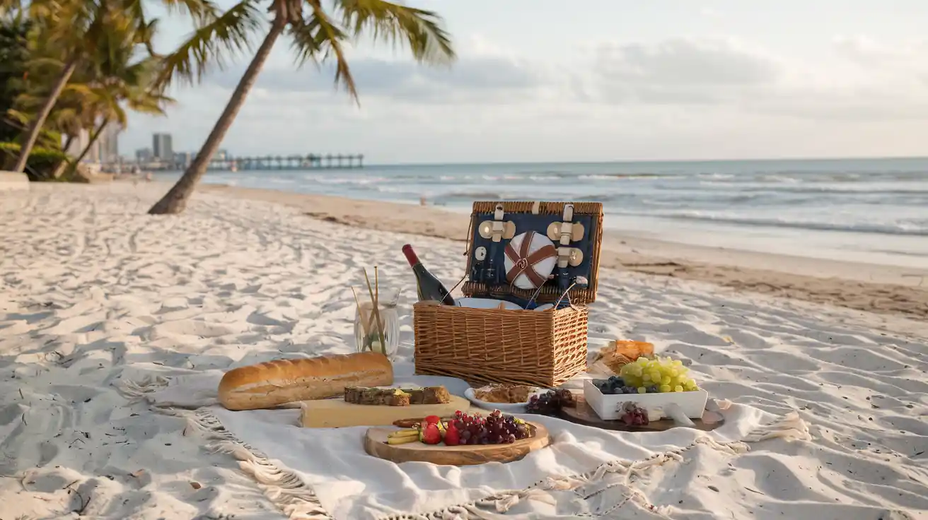 15 Best Things to do in Miami Florida for Couples at Night 21 A picnic setup on a beach features a wicker basket with utensils, a bottle of wine, and a variety of snacks including a baguette, cheese, fruits, and grapes on platters. The scene is shaded by a palm tree, with the ocean and a distant pier in the background.