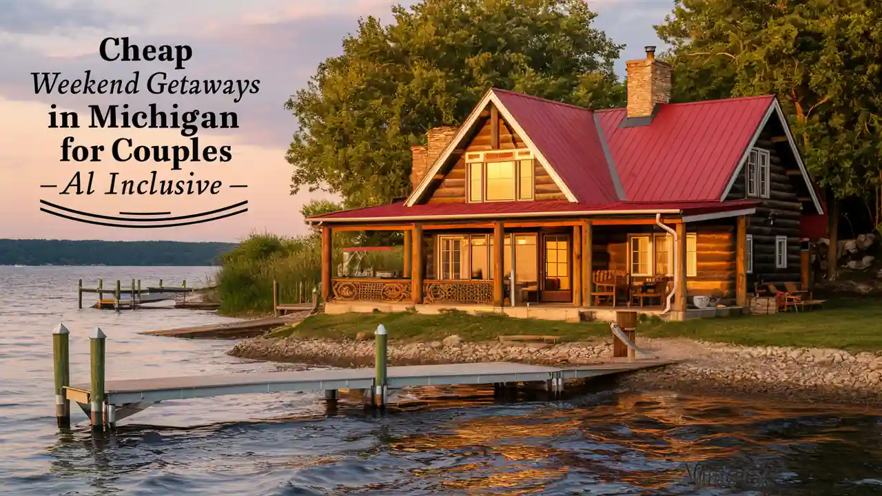 Top 15 Cheap Weekend Getaways in Michigan for Couples in 2025 10 A cozy lakeside cabin with a red roof and wooden exterior is surrounded by trees and calm water. Text on the image reads "Cheap Weekend Getaways in Michigan for Couples - All Inclusive." A small dock extends into the water near the cabin.