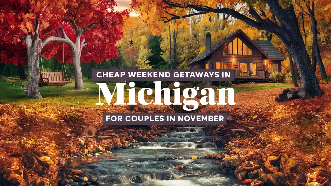 Top 15 Cheap Weekend Getaways in Michigan for Couples in 2025 18 A cozy cabin sits amidst a vibrant autumn forest with red, yellow, and orange foliage. A small stream flows in the foreground. Text reads, "Cheap Weekend Getaways in Michigan for Couples in November.
