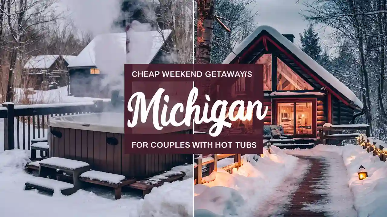 Top 15 Cheap Weekend Getaways in Michigan for Couples in 2025 14 Two images side by side showing snowy cabin settings, each with a hot tub. A large text overlay reads, "Cheap Weekend Getaways in Michigan for Couples with Hot Tubs." The left image features a steaming hot tub; the right shows a warmly lit cabin path.