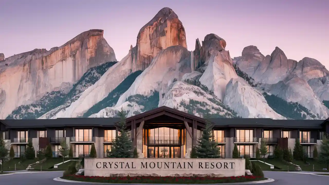 Top 15 Cheap Weekend Getaways in Michigan for Couples in 2025 12 A grand resort building labeled "Crystal Mountain Resort" stands before a dramatic backdrop of towering, rugged mountains with pinkish hues illuminated by the setting or rising sun. The resort features large windows and modern architecture surrounded by pine trees.