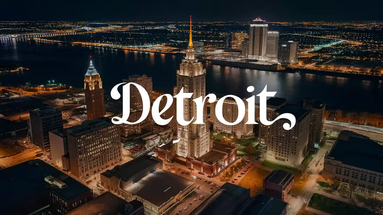 Top 15 Cheap Weekend Getaways in Michigan for Couples in 2025 19 A nighttime aerial view of Detroit, showcasing illuminated buildings, the Detroit River, and the city skyline. Prominently, "Detroit" is written in stylish, cursive text, overlaying the image.