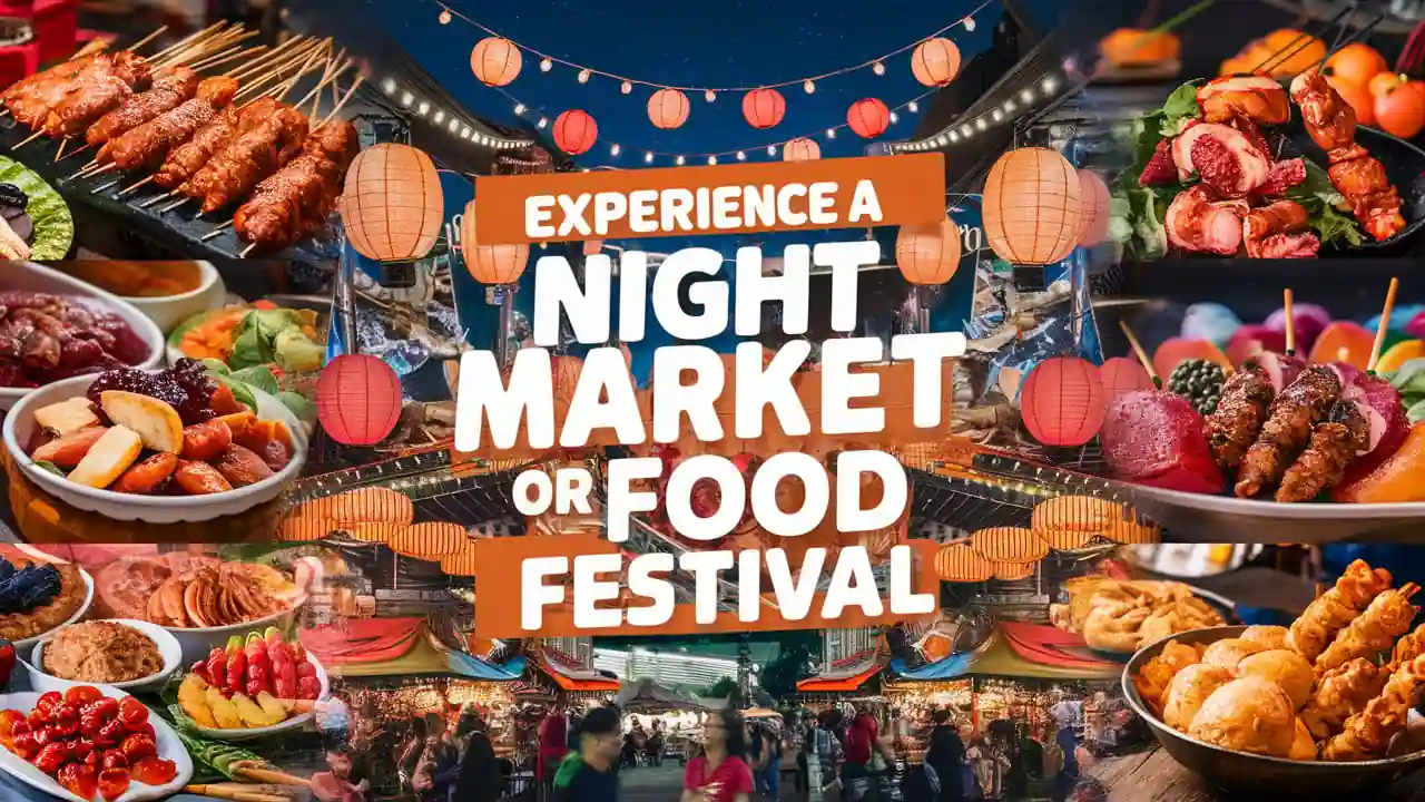 15 Best Things to do in Miami Florida for Couples at Night 17 A vibrant night market or food festival scene filled with various food stalls, hanging lanterns, and bustling crowds. The text in the center reads, "Experience a Night Market or Food Festival." Various food items like skewers, seafood, and dumplings are shown.