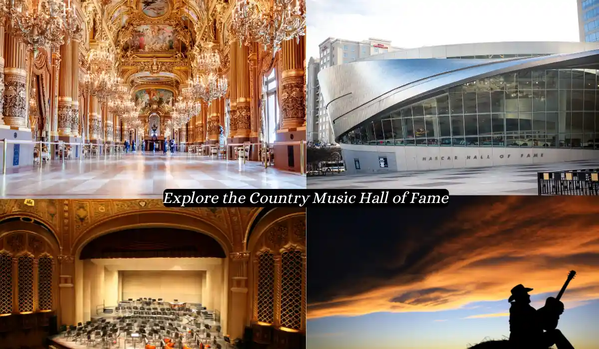 Top 15 Romantic Things to do in Nashville Tennessee for Couples 10 A collage with four images: an opulent hall with chandeliers and golden decor (top left), a modern curved building labeled "NASCAR Hall of Fame" (top right), a grand theater with an orchestra setup (bottom left), and a silhouette of a cowboy playing guitar at sunset (bottom right). Text in the middle reads "Explore the Country Music Hall of Fame.