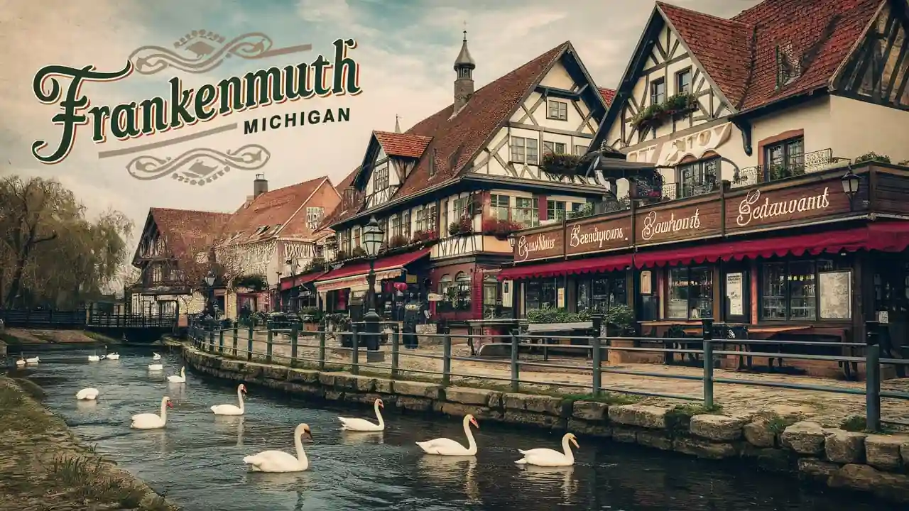 Top 15 Cheap Weekend Getaways in Michigan for Couples in 2025 9 A picturesque scene of Frankenmuth, Michigan features a canal with swans gliding on the water. Traditional Bavarian-style buildings line the canal, adorned with colorful signs. The sky is partly cloudy, adding to the charming ambiance of the town.