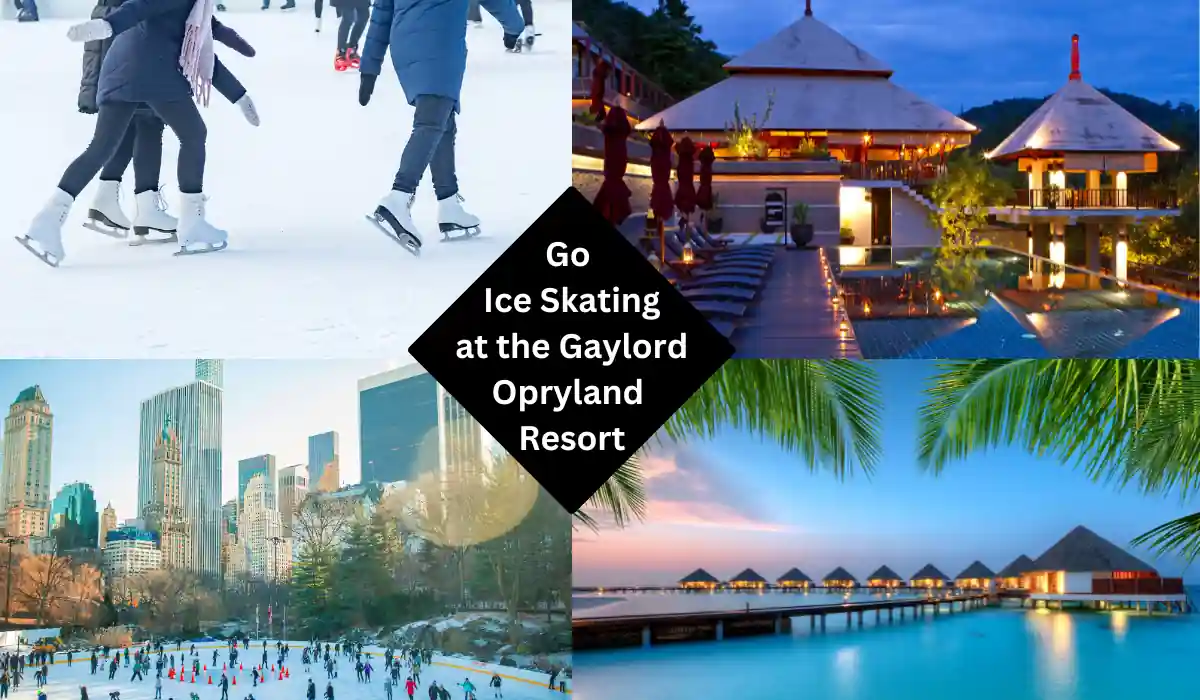 Top 15 Romantic Things to do in Nashville Tennessee for Couples 9 A collage with four images: people ice skating, a luxurious resort with huts over water at sunset, a city skyline with a park covered in snow, and a tropical paradise with palm trees. Centered text reads, "Go Ice Skating at the Gaylord Opryland Resort.