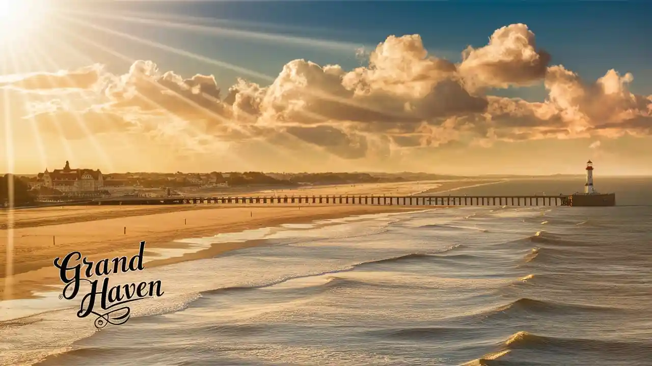 Top 15 Cheap Weekend Getaways in Michigan for Couples in 2025 8 A peaceful beach scene at Grand Haven, showcasing a long pier extending into the ocean under a sky with scattered clouds and warm sunlight. On the left, buildings are visible along the shoreline. Waves gently roll onto the sandy beach. "Grand Haven" text is in the foreground.