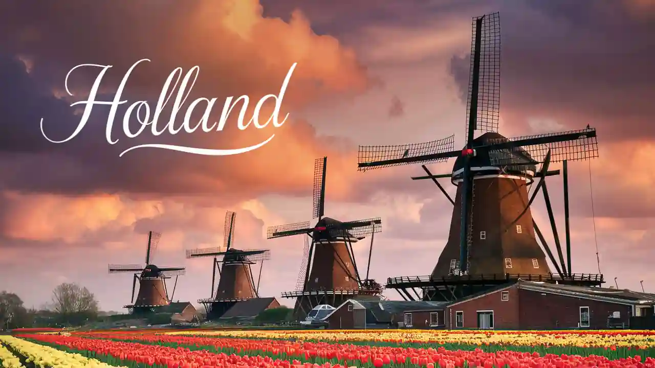 Top 15 Cheap Weekend Getaways in Michigan for Couples in 2025 7 A picturesque scene of four traditional Dutch windmills standing in a vibrant field of red and yellow tulips under a dramatic, cloudy sky. The word "Holland" is elegantly scripted in the upper left corner.