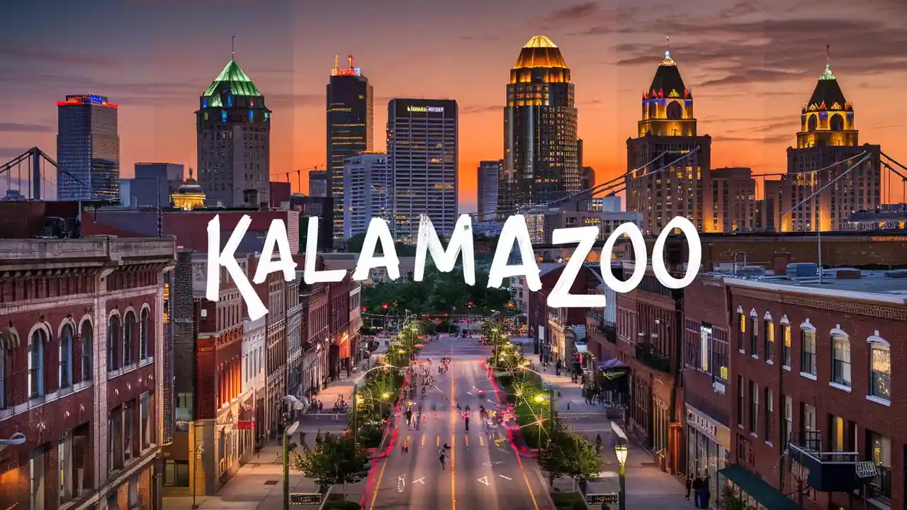 Top 15 Cheap Weekend Getaways in Michigan for Couples in 2025 20 A vibrant, colorful sunset over a city skyline with the word "KALAMAZOO" prominently displayed in white text. The city features illuminated buildings of varying heights and architectural styles, with a main street lined with trees leading into the foreground.