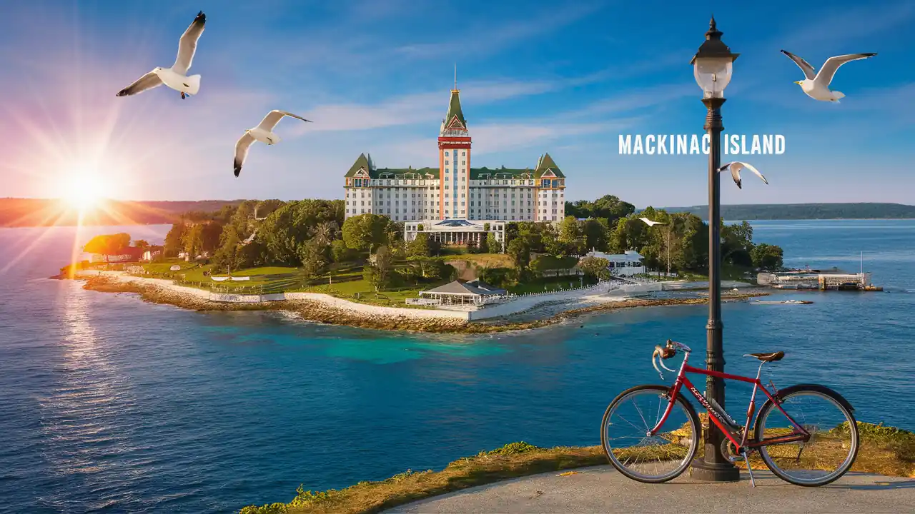 Top 15 Cheap Weekend Getaways in Michigan for Couples in 2025 5 View of Mackinac Island with a grand hotel, blue waters, and lush greenery. A red bicycle is parked near a streetlamp in the foreground, and seagulls fly above. The sun is setting on the horizon, casting a warm glow over the scene. The text "MACKINAC ISLAND" is visible.