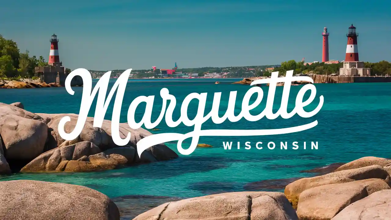 Top 15 Cheap Weekend Getaways in Michigan for Couples in 2025 17 A scenic coastal view with clear blue waters, large rocks in the foreground, and two distant lighthouses. The text "Marquette, Wisconsin" is prominently displayed over the image. The sky is clear and blue, suggesting a sunny day.