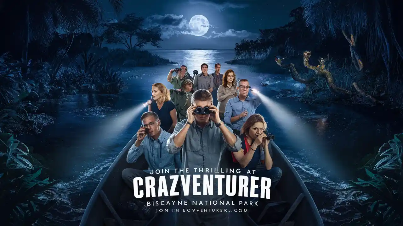 15 Best Things to do in Miami Florida for Couples at Night 7 A group of people in a boat on a river at night with a full moon, some looking through binoculars or cameras. There is a sense of intrigue with elements of adventure in the background. Text reads: "Join the thrilling at Crazventurer Biscayne National Park.