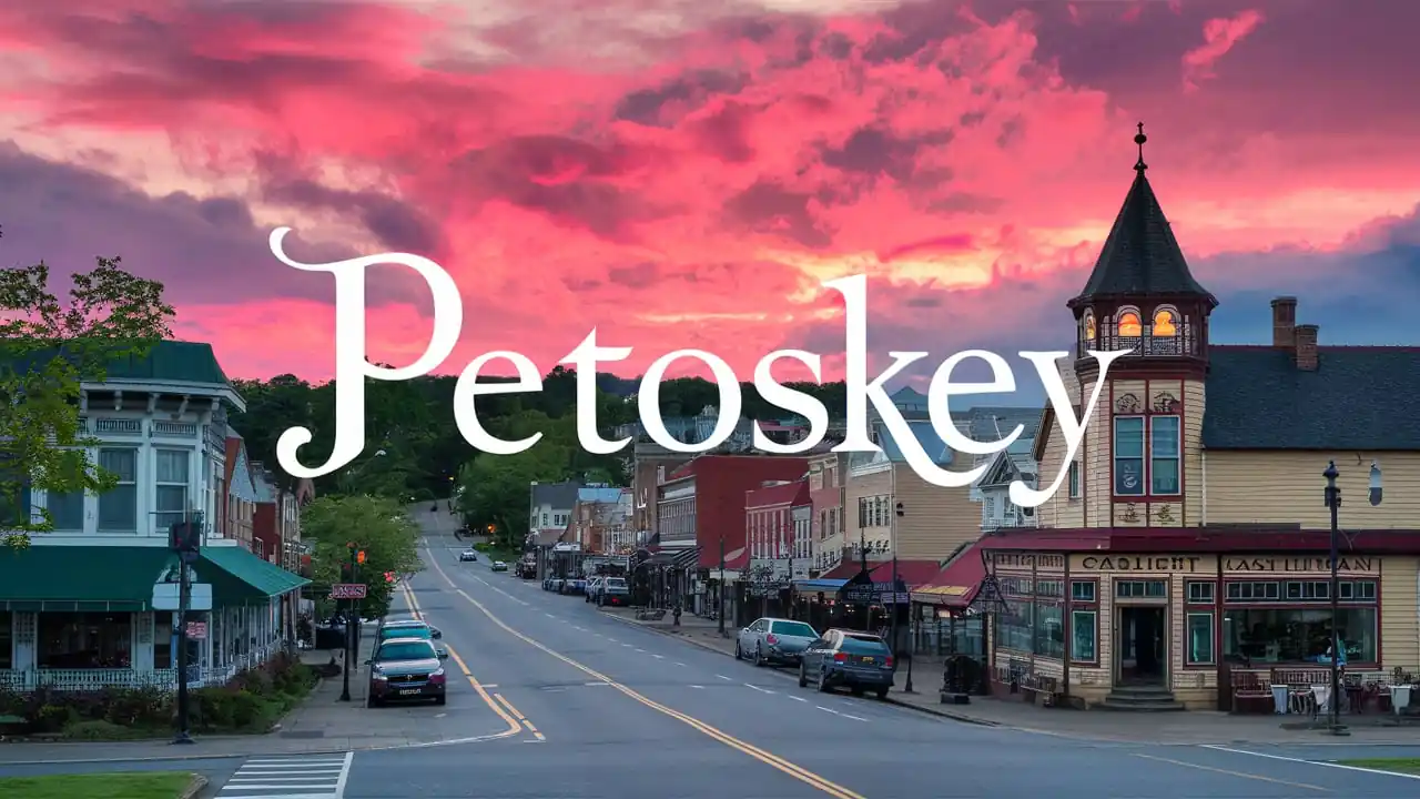 Top 15 Cheap Weekend Getaways in Michigan for Couples in 2025 4 A picturesque street in Petoskey at sunset, featuring historic buildings, colorful storefronts, and cars parked along both sides. The sky is ablaze with vibrant pink and orange hues, creating a warm and inviting atmosphere. The word "Petoskey" is prominently displayed.