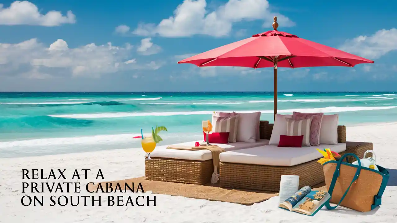 15 Best Things to do in Miami Florida for Couples at Night 5 A luxurious beach setup with two wicker lounge chairs under a large red umbrella on white sand. A table between the chairs holds tropical drinks and snacks. The ocean waves and blue sky can be seen in the background. Text reads, "Relax at a private cabana on South Beach.