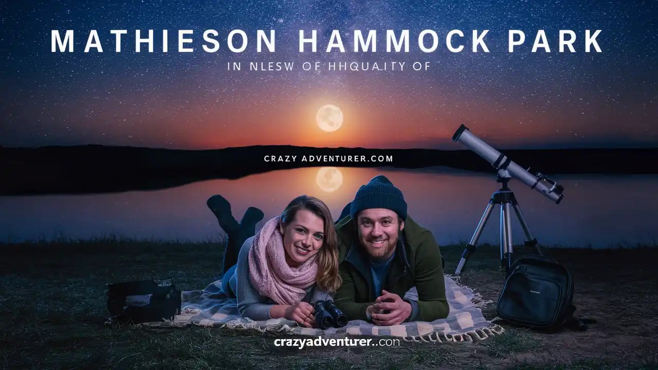 15 Best Things to do in Miami Florida for Couples at Night 13 Two people lie on a blanket under a starry sky beside a calm lake, with a telescope and camera gear nearby. A full moon reflects on the water. Text across the top reads "Mathieson Hammock Park in Nlesw of Hhquality of" and "CrazyAdventurer.com" at the bottom.
