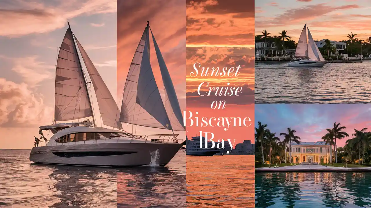 15 Best Things to do in Miami Florida for Couples at Night 3 Collage of images showcasing a luxury yacht sailing at sunset, a serene waterside mansion with palm trees, and the text "Sunset Cruise on Biscayne Bay" over a vibrant sunset sky. The yacht glides through calm waters, and the mansion reflects a tranquil coastal lifestyle.