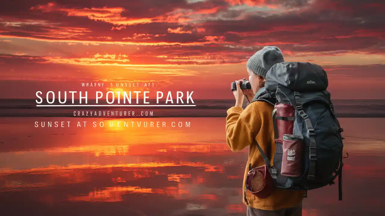 15 Best Things to do in Miami Florida for Couples at Night 11 A person with a backpack and winter gear stands on a reflective beach capturing a vibrant, colorful sunset with a camera. The sky is ablaze with red and orange hues. Text on the image reads: "Warm Sunset at South Pointe Park" and includes a website address.