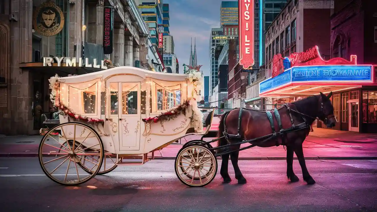 Top 15 Romantic Things to do in Nashville Tennessee for Couples 14 A horse-drawn carriage adorned with festive decorations is parked on a city street at dusk. The buildings are illuminated with multi-colored lights, and marquee signs in the background add a vibrant glow to the scene. The atmosphere is enchanting and whimsical.