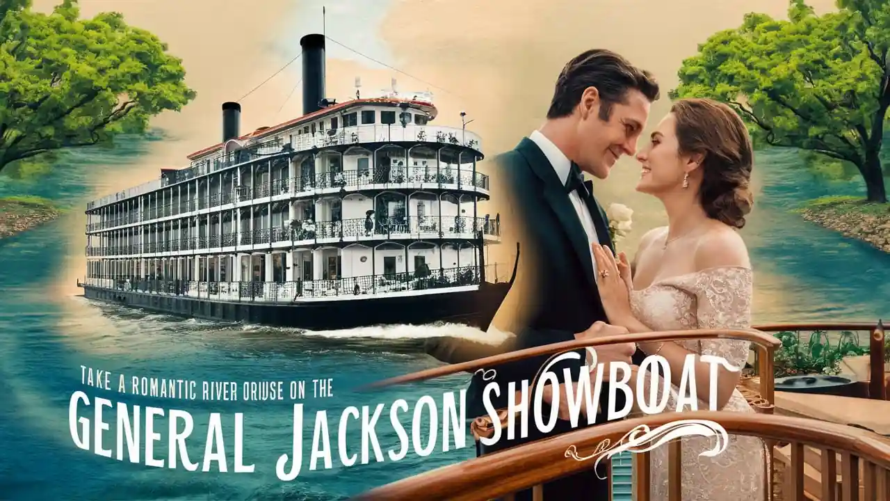 Top 15 Romantic Things to do in Nashville Tennessee for Couples 11 A couple in formal attire embraces on a riverboat deck. The backdrop features a large paddlewheel riverboat with a majestic design, trees, and water. Text reads: "Take a romantic river cruise on the General Jackson Showboat.