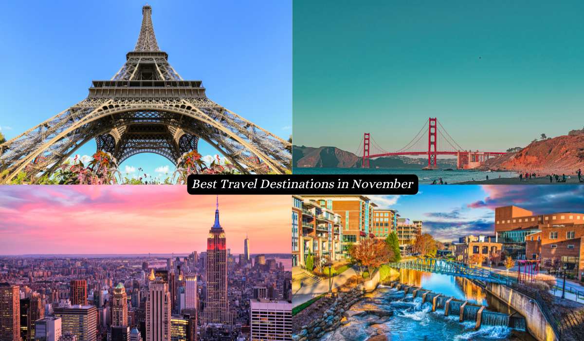 A collage shows Milwaukee with a river and tall buildings, New York City skyline with fireworks and the Statue of Liberty, and Key West island with a white sand beach, blue water, and kayakers. Text reads: "Top 10 Best Travel Destinations in November in the USA.