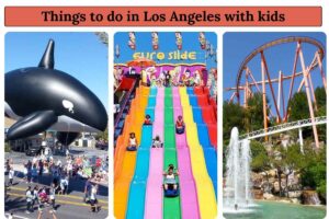 Based on the images, this image likely shows family-friendly activities in Los Angeles. The image features a large inflatable orca, a colorful water slide, and a thrilling roller coaster. These attractions suggest that the image is related to a theme park or amusement center in Los Angeles. The text "Things to do in Los Angeles with kids" further supports this interpretation.