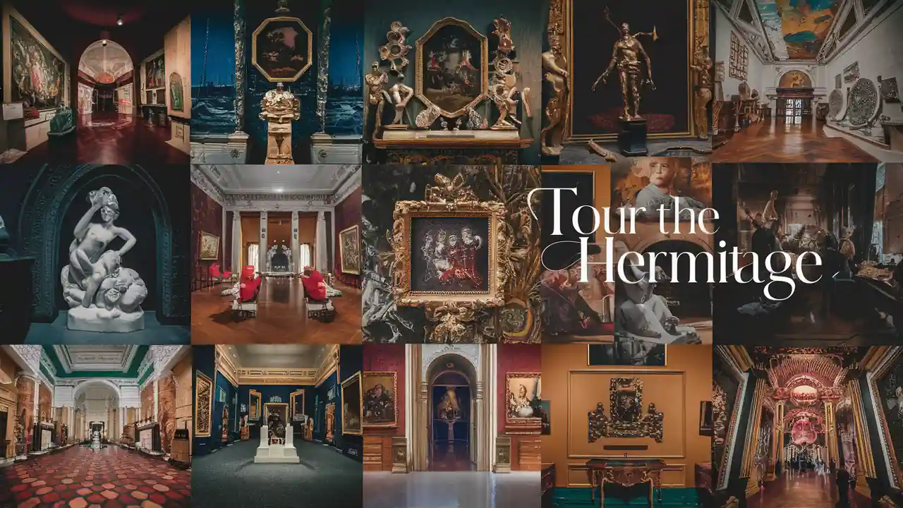 Top 15 Romantic Things to do in Nashville Tennessee for Couples 17 Collage of art pieces and interior views of the Hermitage Museum, featuring sculptures, paintings, and ornate architectural details. Text overlay reads "Tour the Hermitage.