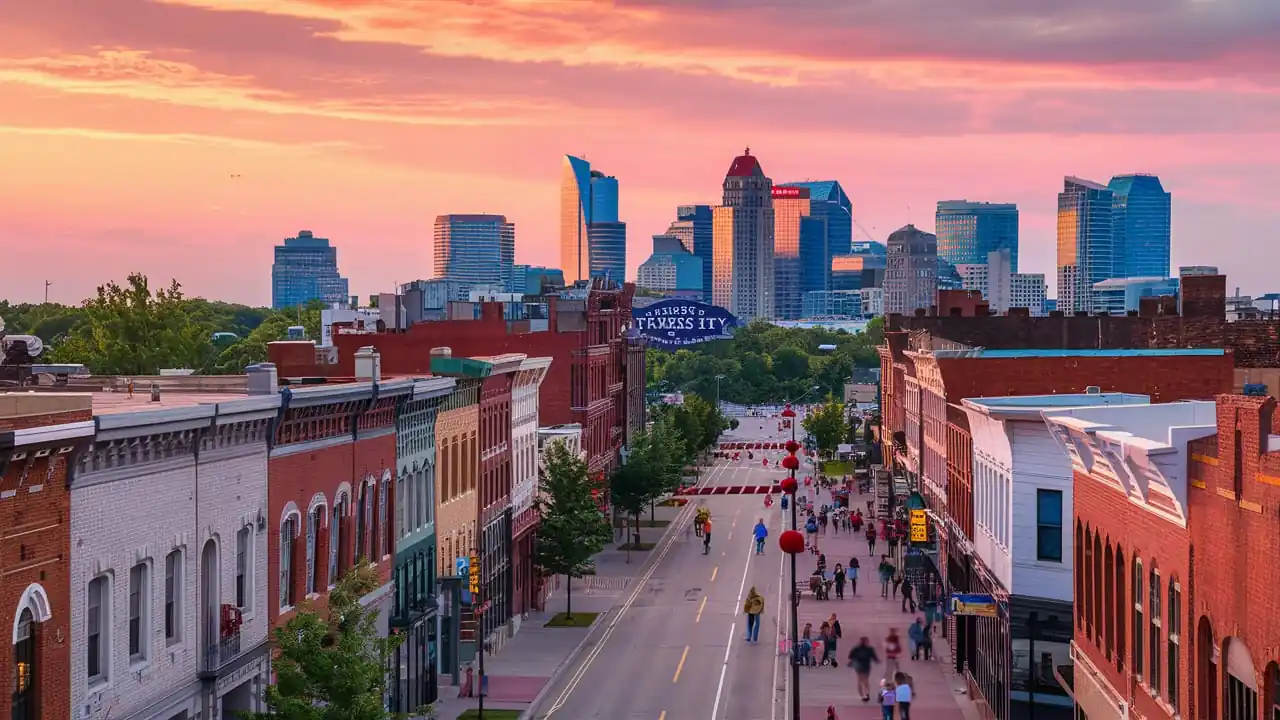 Top 15 Cheap Weekend Getaways in Michigan for Couples in 2025 3 A city street bustling with people is lined with red-brick buildings under a vibrant sunset sky. In the background, modern skyscrapers, including a tall building with a dome, create a striking skyline. The scene captures a blend of historic and contemporary architecture.
