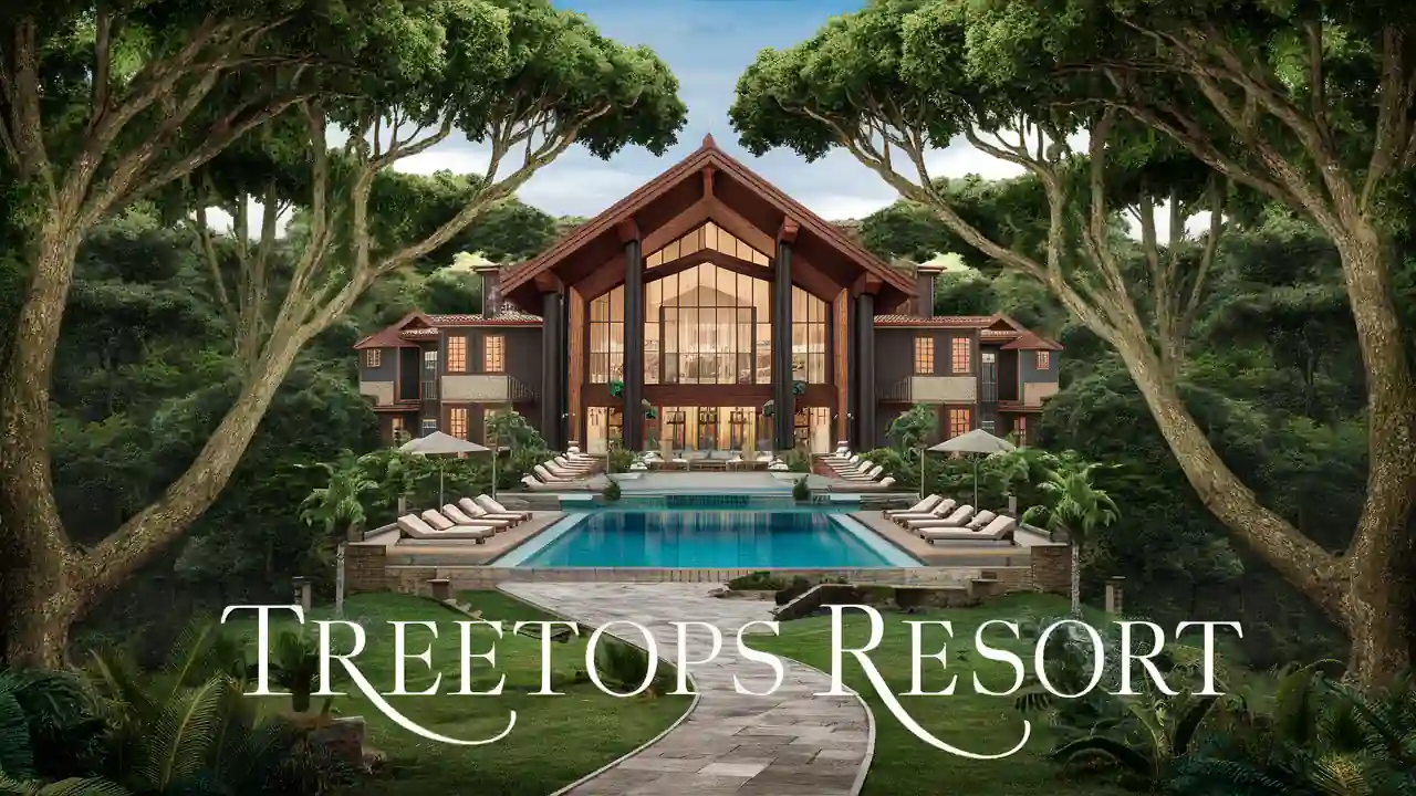Top 15 Cheap Weekend Getaways in Michigan for Couples in 2025 13 A luxurious resort surrounded by lush greenery features a large, inviting swimming pool in front of a grand, lodge-style building with large windows. Lounge chairs line the pool area, and a stone path leads up to the entrance. Text at the bottom reads "TREETOPS RESORT.