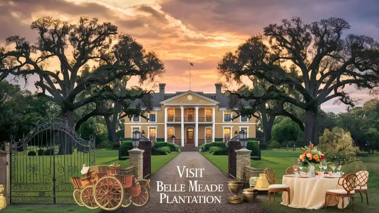 Top 15 Romantic Things to do in Nashville Tennessee for Couples 7 A grand mansion is framed by large oak trees at sunset. In the foreground, there is a decorative gate, a vintage carriage, and a table set for an outdoor meal. Text reads "Visit Belle Meade Plantation." The sky is vibrant with hues of orange and purple.