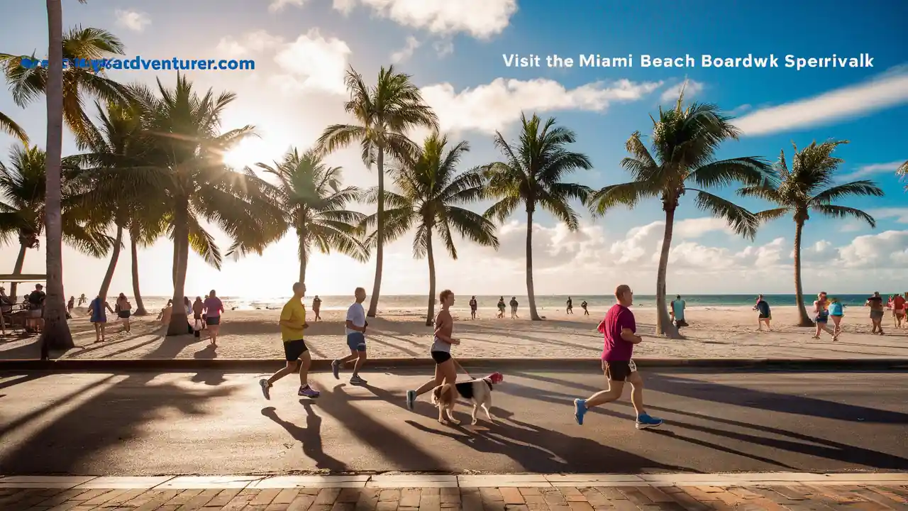 15 Best Things to do in Miami Florida for Couples at Night 15 A group of people, including a person walking a dog, jog along a beachfront boardwalk under a sunny sky. Palm trees line the beach, and the ocean is visible in the background. The text "Visit the Miami Beach Boardwalk" is displayed in the sky area.