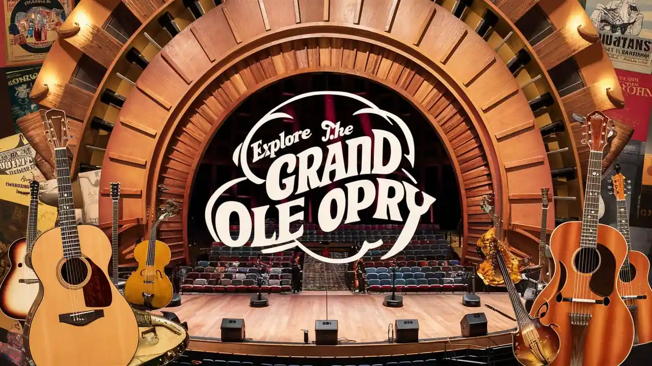 Top 15 Romantic Things to do in Nashville Tennessee for Couples 3 A stage with the words "Explore The Grand Ole Opry" prominently displayed. The foreground features various musical instruments including guitars, a banjo, and a violin. The background shows an auditorium with rows of empty seats and a circular, wooden arch.
