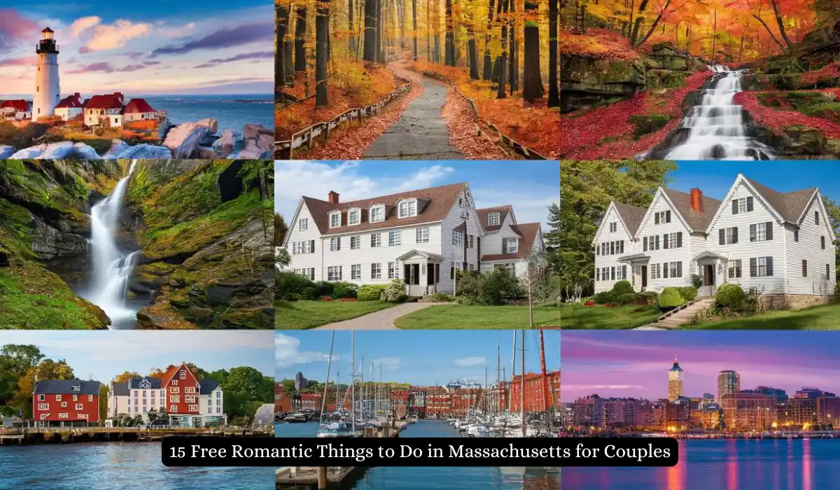 A collage of scenic Massachusetts locations, including lighthouses, waterfalls, autumn forests, historic homes, a marina, and a skyline. Text at the bottom reads, "15 Free Romantic Things to Do in Massachusetts for Couples.