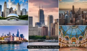 Collage of Chicago landmarks: Cloud Gate sculpture, skyscrapers against a sunset, aerial city view, waterfront buildings, and an ornate interior with a stained glass dome. Text: "Things to Do in Chicago for Couples.
