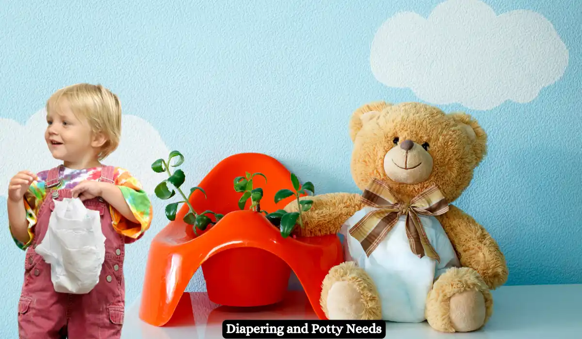 Toddler Travel Essentials for Road Trip in Winter 2025 9 A toddler holding a diaper stands next to a red potty chair with a potted plant inside it and a teddy bear wearing a diaper, all set against a light blue wall with painted white clouds. The text below reads, "Diapering and Potty Needs.