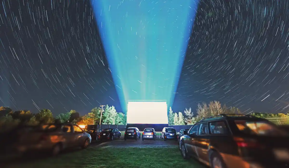 40 amazing Cute Date Ideas in Columbus, Ohio for Couples in 2025 26 A timelapse photo of a drive-in movie theater at night. Cars are parked in rows facing a large screen projecting blue light upward. The night sky is filled with swirling star trails, creating a dynamic pattern over the scene.