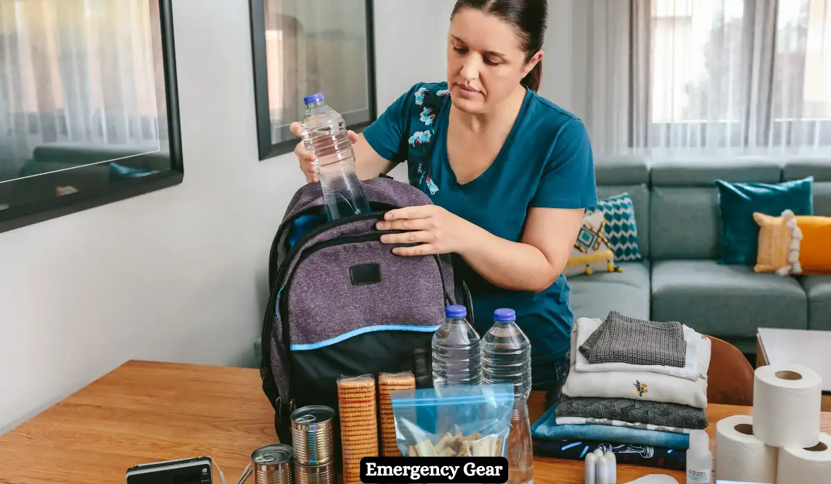 Toddler Travel Essentials for Road Trip in Winter 2025 10 A person is packing an emergency backpack on a table. The table holds water bottles, canned food, crackers, clothing, and toilet paper. The person is placing a water bottle into the backpack, and a sign on the table reads "Emergency Gear.