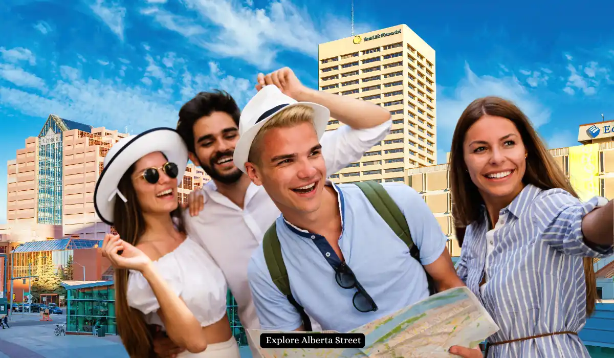 Top 15+ Romantic Things to do in Portland for Couples 16 A group of four friends, two women and two men, stand smiling and taking a selfie. They are in a city with tall buildings in the background. One person holds a map. The scene is bright and sunny.