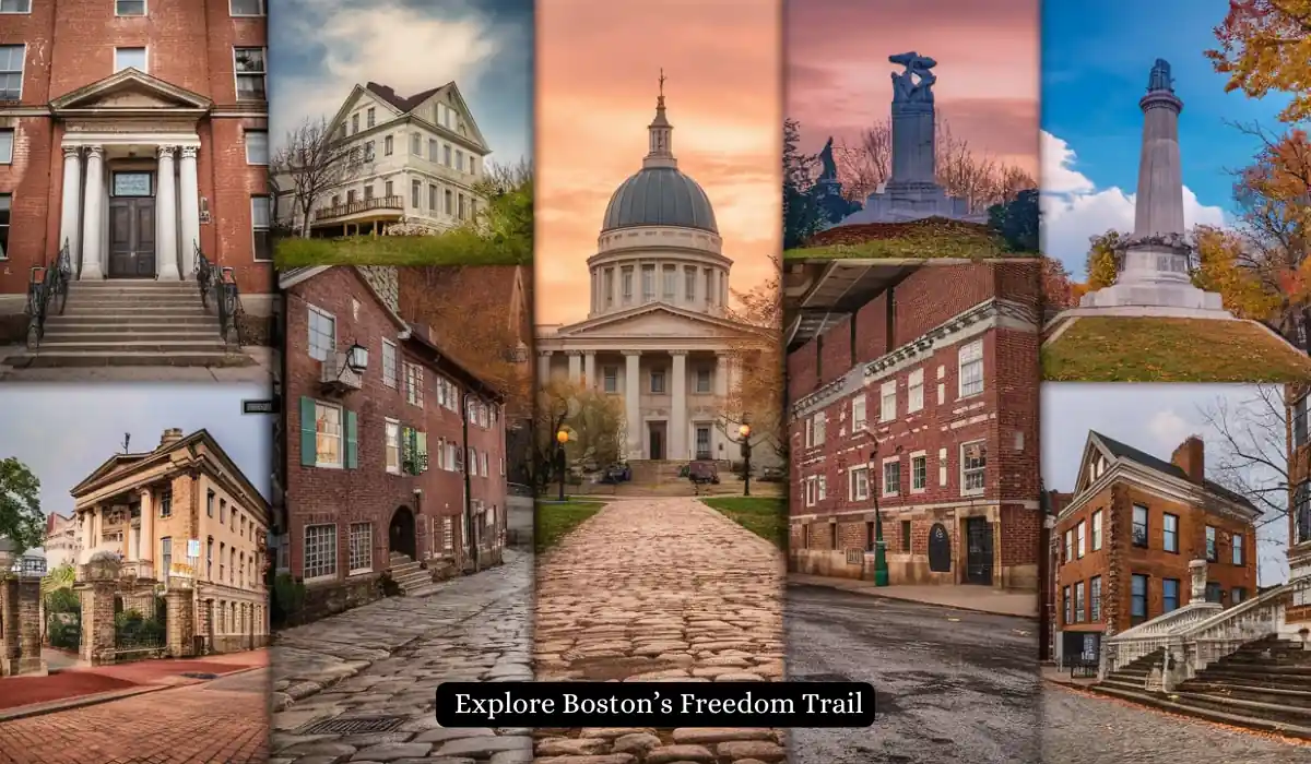 15 Free Romantic Things to Do in Massachusetts for Couples 3 A collage of historic sites along Boston's Freedom Trail, including buildings and monuments, with a central image of a domed structure. The text reads, "Explore Boston’s Freedom Trail." The background includes paths and autumn trees.