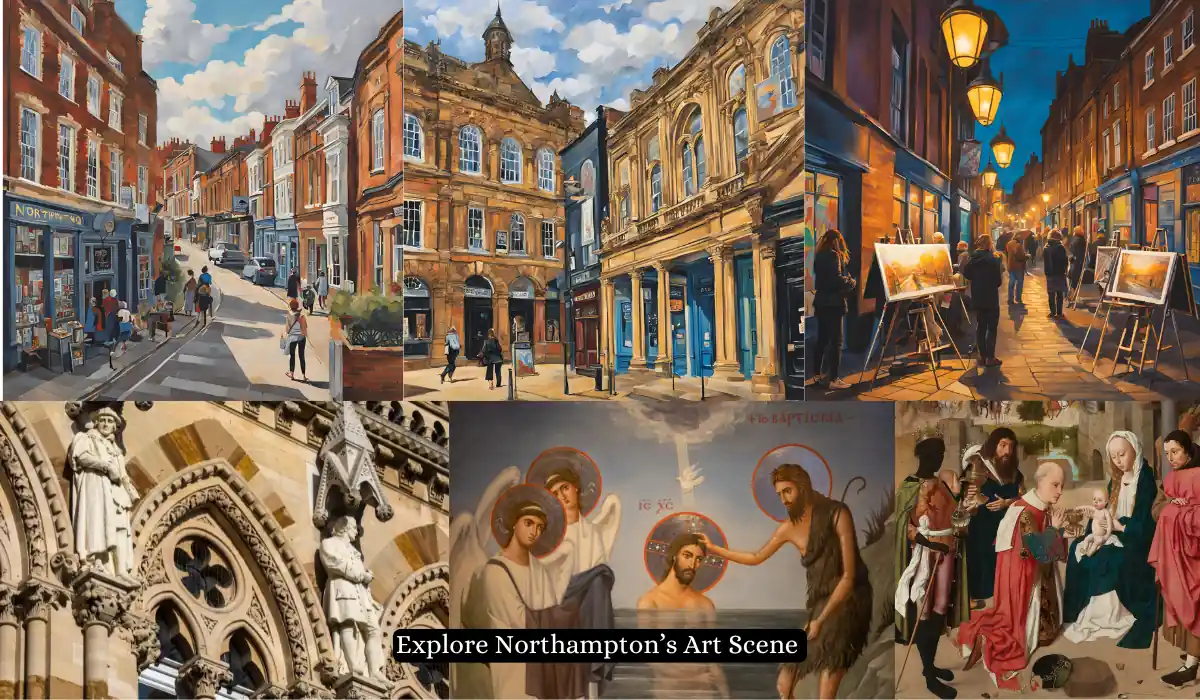 15 Free Romantic Things to Do in Massachusetts for Couples 13 A collage featuring Northampton's art scene: vibrant street paintings, classical architecture, a religious scene with holy figures, and artists painting on a lit street. A text banner reads "Explore Northampton's Art Scene.