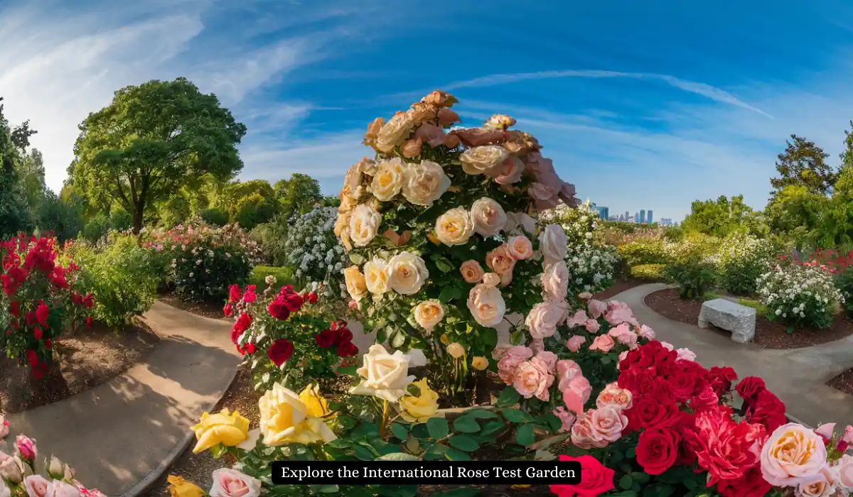 Top 15+ Romantic Things to do in Portland for Couples 3 A vibrant rose garden with various colored roses, including pink, red, yellow, and white, bloom under a clear blue sky. Pathways wind through the lush greenery, and city buildings are visible in the distant background.