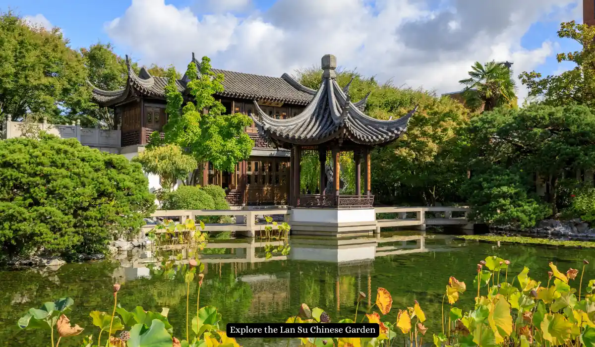 Top 15+ Romantic Things to do in Portland for Couples 8 A serene Chinese garden with traditional architecture, featuring a pavilion with curved roofs and a lush green landscape. A pond with lotus plants reflects the structures and sky.