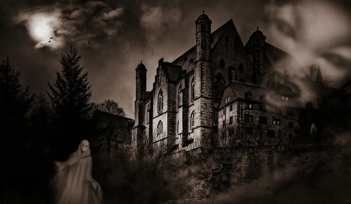 40 amazing Cute Date Ideas in Columbus, Ohio for Couples in 2025 19 A mysterious, gothic-style building looms under a cloudy, moonlit sky with bats. Fog swirls around the stone façade, and a ghostly figure in white appears in the foreground, adding to the eerie atmosphere.