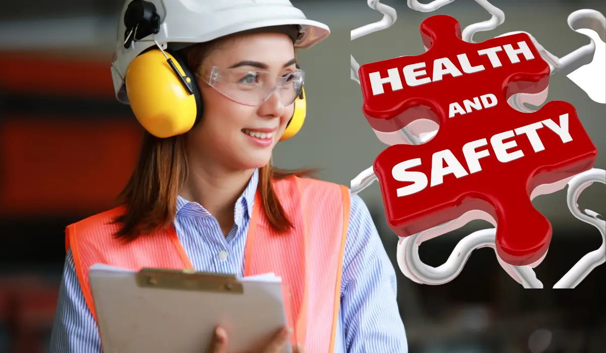 Toddler Travel Essentials for Road Trip in Winter 2025 7 A woman wearing a white hard hat, yellow ear protectors, safety glasses, and an orange safety vest smiles while holding a clipboard. Next to her is a graphic of red puzzle pieces with the words "Health and Safety".
