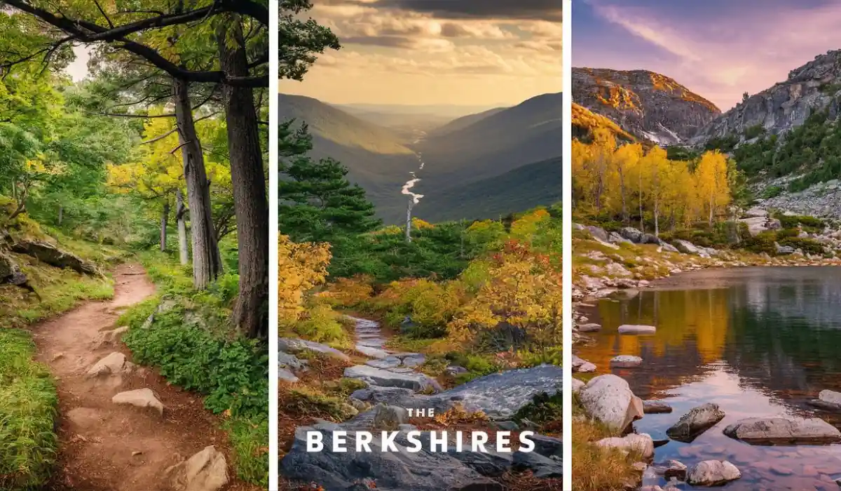 15 Free Romantic Things to Do in Massachusetts for Couples 9 A collage of three scenic photos from The Berkshires: a forest trail in lush green, a valley view with autumn colors, and a mountain lake surrounded by rocky terrain and trees with yellow leaves.