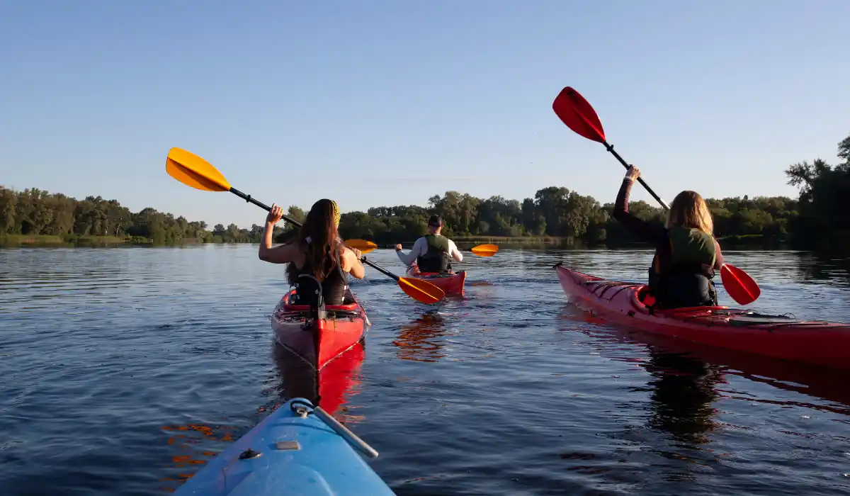 40 amazing Cute Date Ideas in Columbus, Ohio for Couples in 2025 27 Three people kayaking on a calm lake. Two are in red kayaks with yellow paddles, and one is in a blue kayak. They paddle under a clear blue sky with tree-lined shores in the background, enjoying the serene water.