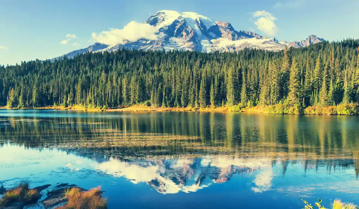 Top 15 Fun $ Unique Places That Don't Feel Real in the USA 2025 5 A serene lake reflects a dense forest and a snow-capped mountain under a clear blue sky. Fluffy clouds hover around the mountain peak, and sunlight illuminates the landscape, creating a peaceful and picturesque scene.